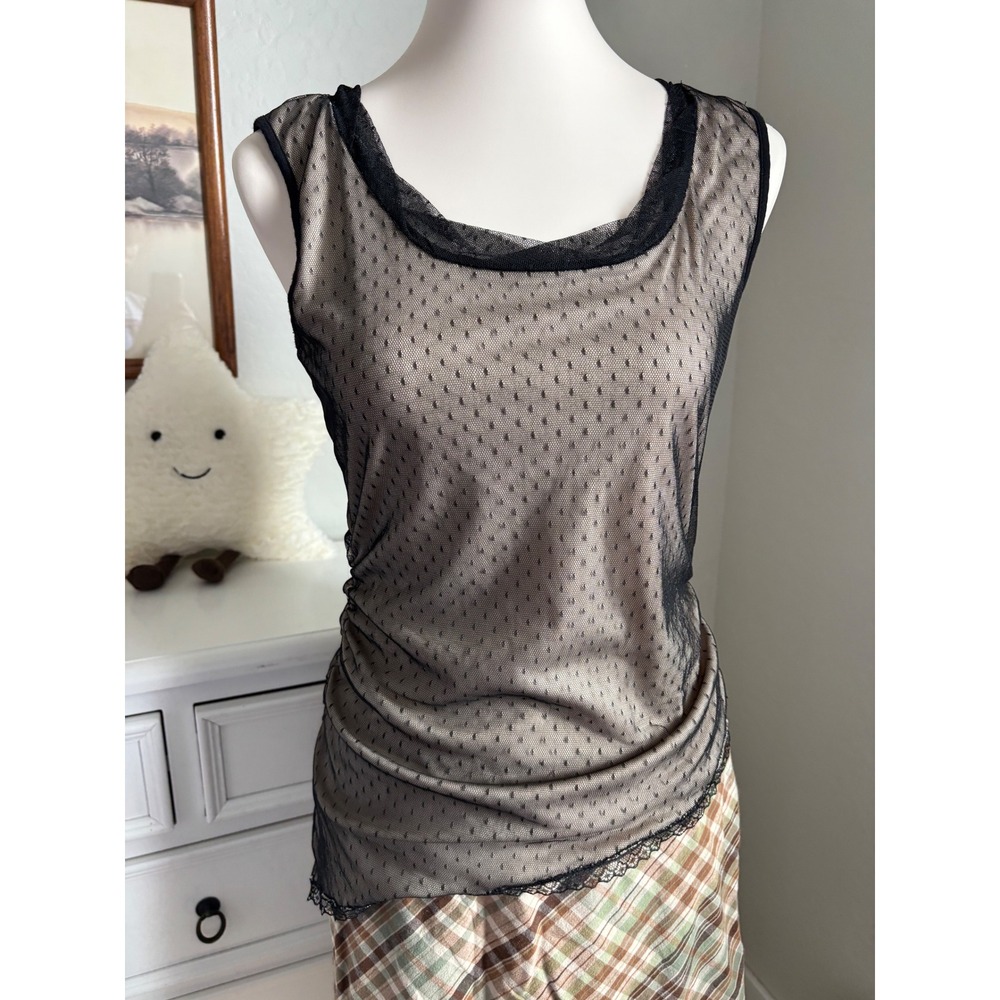 Sheer Mesh Polka Dot Ruched Lace Trim Top Sleeveless Black Beige Maurices Medium